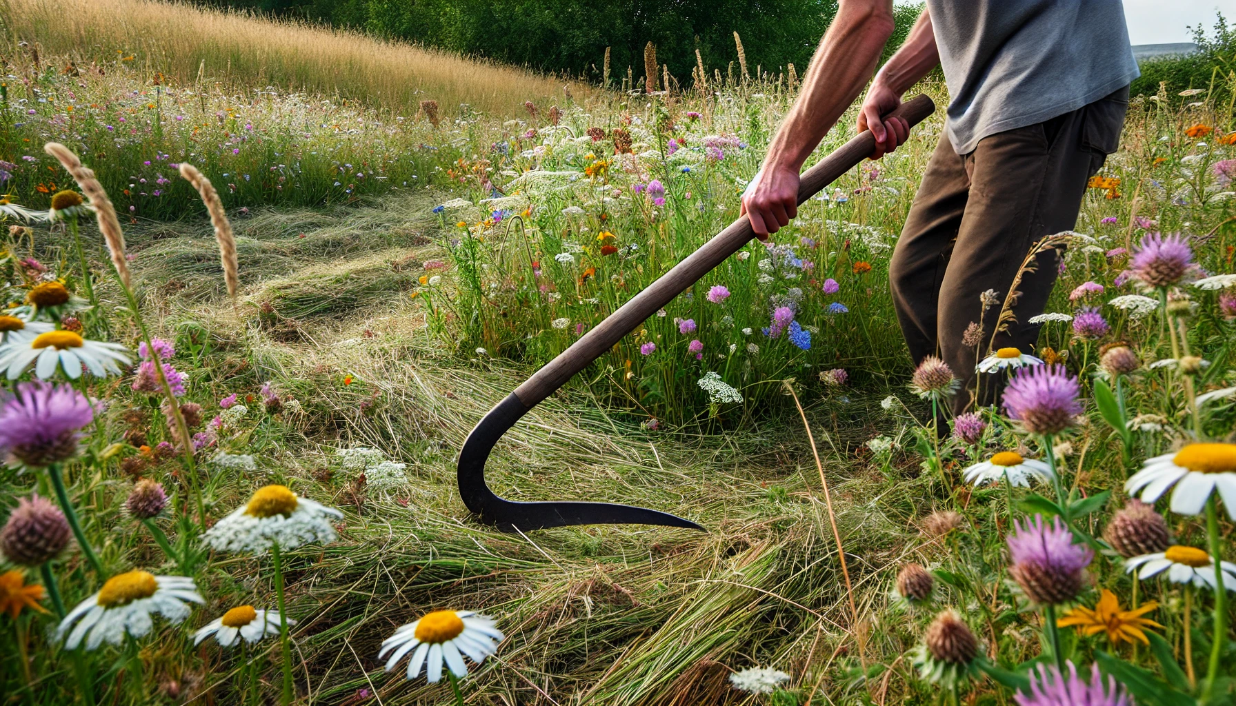 Ein Gärtner mäht mit einer Sense eine reife Wildblumenwiese. Das Mähgut bleibt auf der Wiese liegen, damit die Samen herausfallen können, bevor es abgeräumt wird.
