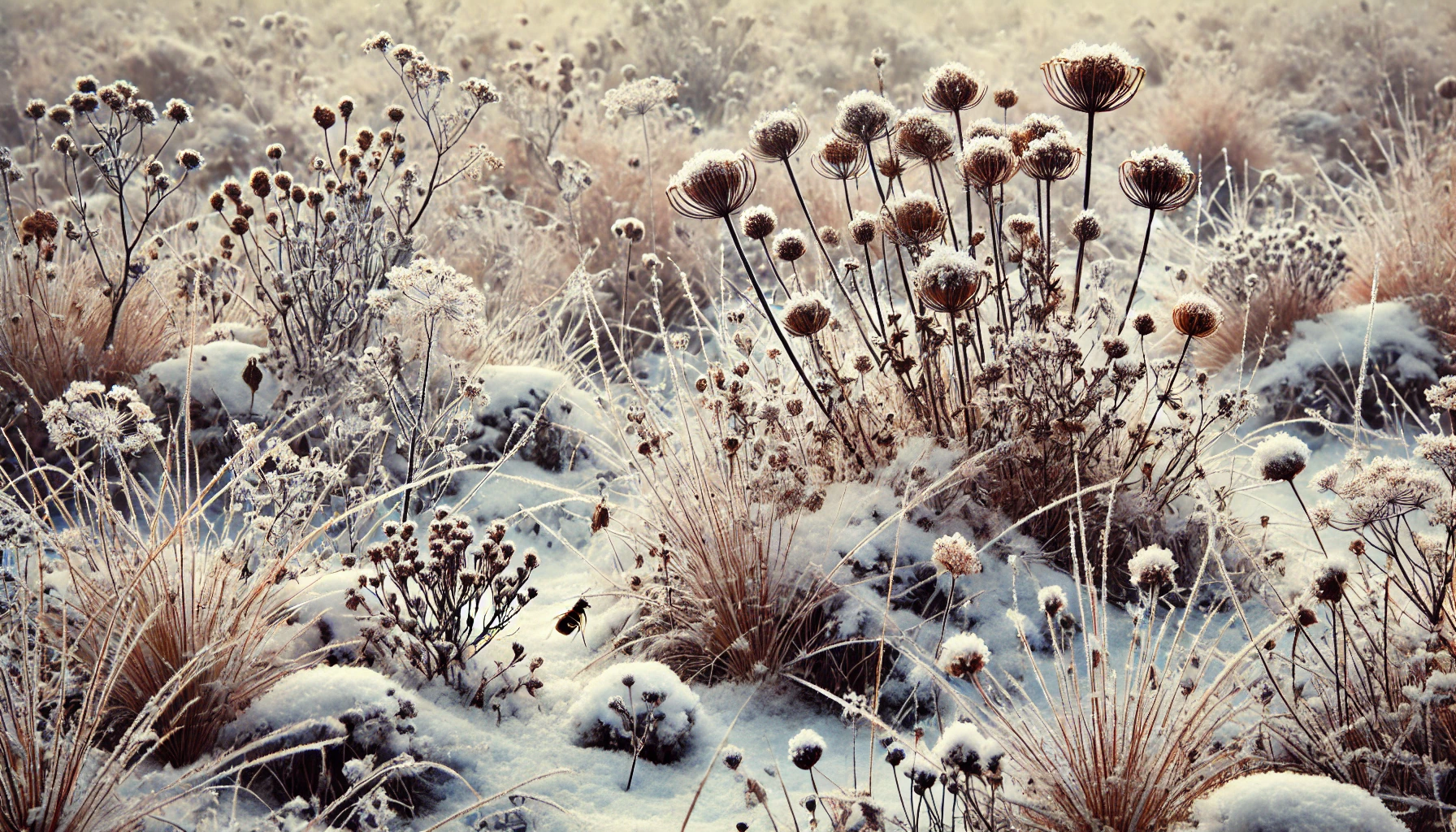 Eine Wildblumenwiese im Winter, bedeckt mit einer leichten Schneedecke. Die abgestorbenen Pflanzenstrukturen bieten Schutz für Insekten und verleihen der Wiese auch im Winter einen besonderen Reiz.