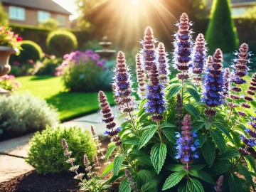 Das Bild zeigt eine üppig blühende Ysop-Pflanze in einem sonnigen Gartenbeet. Die blau-violetten Blüten stehen in kräftigem Kontrast zum satten Grün der Blätter, und im Hintergrund ist eine gepflegte Gartenlandschaft zu sehen.