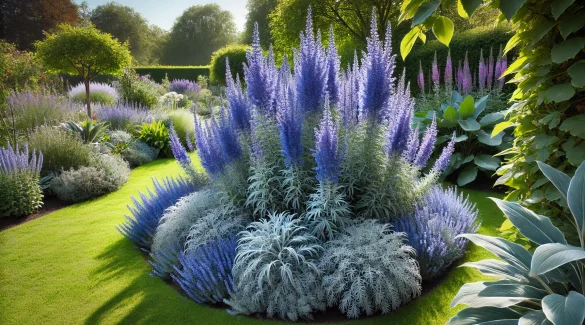 Blauraute im Garten: Ein weitläufiger Garten mit einer üppigen Blauraute (Perovskia atriplicifolia) im Vordergrund. Die blau-violetten Blüten leuchten im Sonnenlicht, und das silbrige Laub hebt sich vom grünen Rasen und den umgebenden Pflanzen ab.