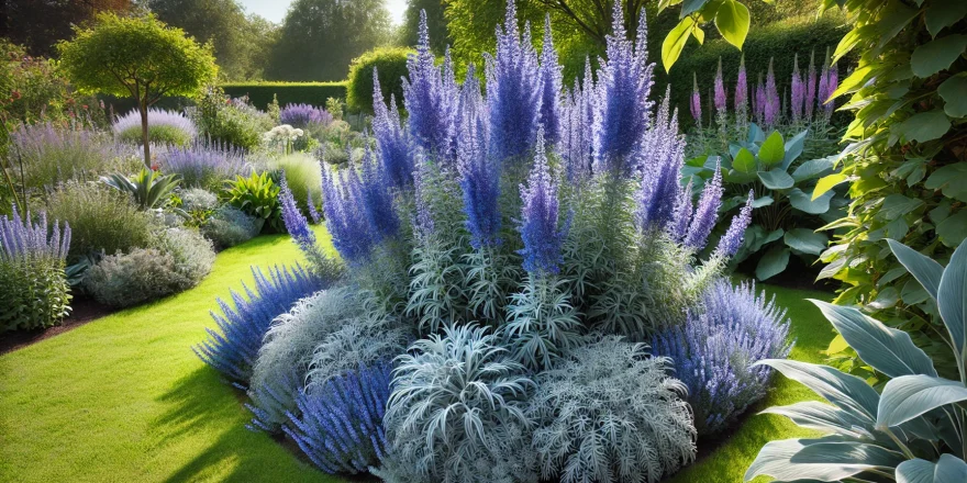 Blauraute im Garten: Ein weitläufiger Garten mit einer üppigen Blauraute (Perovskia atriplicifolia) im Vordergrund. Die blau-violetten Blüten leuchten im Sonnenlicht, und das silbrige Laub hebt sich vom grünen Rasen und den umgebenden Pflanzen ab.