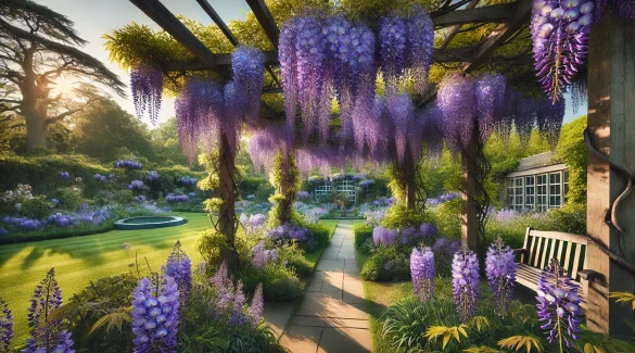 Blauregen im Garten: Ein weitläufiger Garten, in dem Blauregen (Wisteria) an einer Pergola emporrankt. Die blauen Blütentrauben hängen in dichten Büscheln herab, während die Sonne die Szenerie beleuchtet. Im Hintergrund sind weitere Pflanzen zu sehen, die den Garten ergänzen.