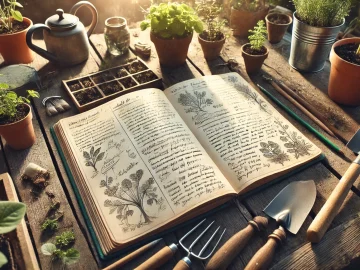 Ein Gartentagebuch liegt geöffnet auf einem hölzernen Gartentisch, umgeben von Gartenwerkzeugen und Pflanzen. Das Tagebuch zeigt handgeschriebene Notizen und Skizzen, während die Sonne sanft darauf scheint. Die Szene vermittelt ein Gefühl von Ruhe und Fokus auf die Gartenarbeit.