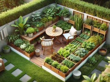 Ein kleiner Garten, der nicht nur zum Gemüseanbau, sondern auch zur Entspannung genutzt wird. Eine kleine Sitzecke mit einem Tisch und zwei Stühlen ist in den Garten integriert. Der Bereich ist von Pflanzen umgeben und bietet einen ruhigen Rückzugsort im Grünen.