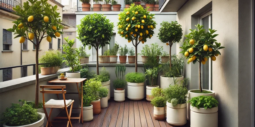 Eine Terrasse mit mehreren Töpfen, in denen Obstbäume wie Zitronen und Äpfel gedeihen. Die Bäume tragen bereits Früchte und sorgen für einen natürlichen, frischen Look auf kleinem Raum.