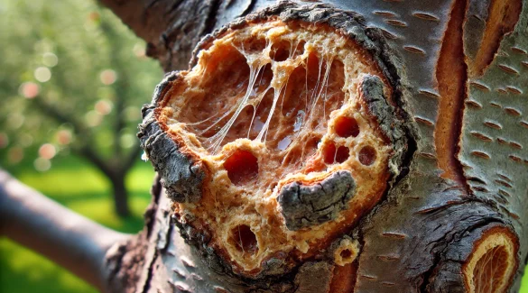 Eine Nahaufnahme der ersten Anzeichen von Obstbaumkrebs an der Rinde eines Apfelbaumes. Kleine, eingesunkene Flecken und Risse sind auf der Rinde sichtbar, begleitet von Harzaustritt.