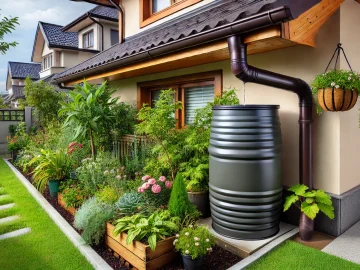 Eine gut platzierte Regenwassertonne neben einem Haus, die unter der Dachrinne steht und Regenwasser sammelt. Der Garten drumherum ist grün und gut gepflegt, mit verschiedenen Pflanzen und Blumen, die das gesammelte Regenwasser nutzen. Die Tonne ist aus robustem Material und fügt sich harmonisch in das Gesamtbild des Gartens ein.