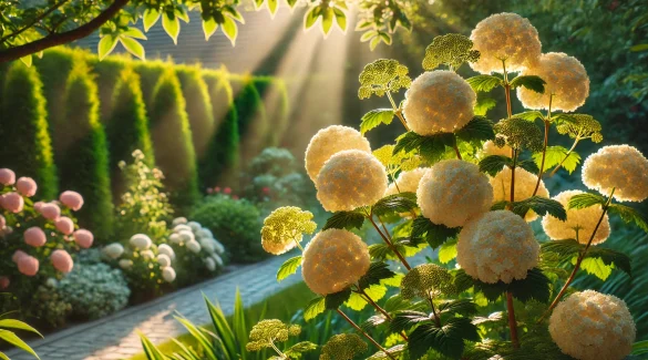 Ein sonniger Garten mit einem blühenden Schneeball-Strauch, dessen runde weiße Blütenbüschel im Sonnenlicht leuchten, umrahmt von einer grünen Hecke im Hintergrund.