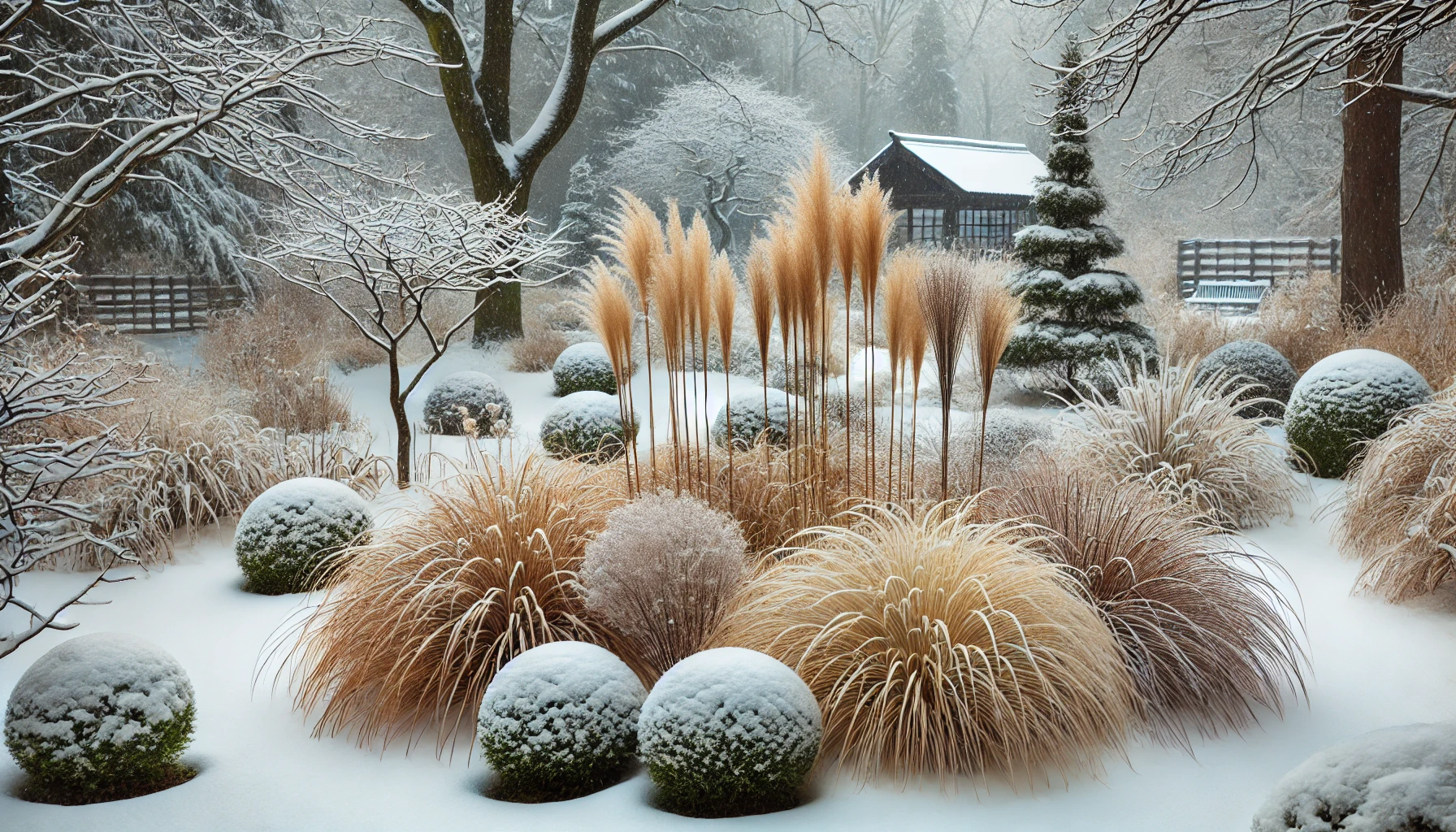 Ein winterlicher Garten, in dem verschiedene winterharte Ziergräser von einer leichten Schneeschicht bedeckt sind. Die Halme ragen durch den Schnee hindurch und sorgen für Struktur und Interesse in der winterlichen Landschaft. Im Hintergrund sind verschneite Bäume und ein Gartenweg zu sehen.