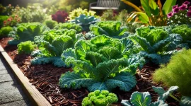 Ein üppiges Grünkohlbeet in einem sonnigen Garten. Die kräftigen grünen Blätter des Grünkohls leuchten im Sonnenlicht, der Boden ist leicht mit Mulch bedeckt, und im Hintergrund sind weitere winterharte Pflanzen zu sehen.