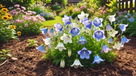 Ein sonniges Gartenbeet mit blühenden Glockenblumen. Die zarten, glockenförmigen Blüten in Blau, Violett und Weiß stehen in voller Pracht, während der Boden leicht mit Mulch bedeckt ist. Im Hintergrund sind weitere Gartenpflanzen und ein kleiner Gartenzaun zu sehen.