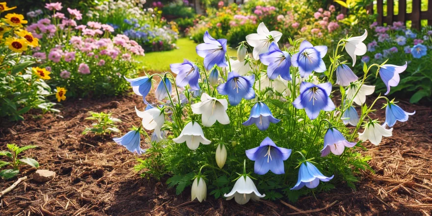 Ein sonniges Gartenbeet mit blühenden Glockenblumen. Die zarten, glockenförmigen Blüten in Blau, Violett und Weiß stehen in voller Pracht, während der Boden leicht mit Mulch bedeckt ist. Im Hintergrund sind weitere Gartenpflanzen und ein kleiner Gartenzaun zu sehen.